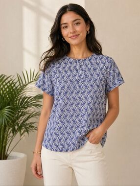 Short Sleeve Seahorse Print Top High Low Hem Blue Womens Size 4 Coastal Preppy